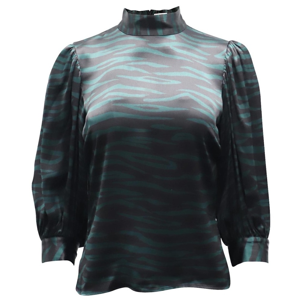 NWT Ganni Puff Sleeve Animal Print Blouse in Black Green Viscose Size 36